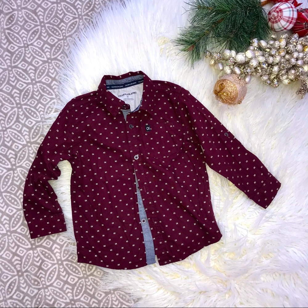 Calvin Klein Boys CK Logo Maroon Button-Down Shirt 4T